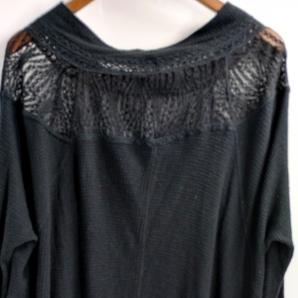 Free People Black Waffle Thermal Lace Neck Top - Picture 11 of 15
